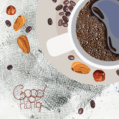 illustration with the image of a cup of coffee and the words Good morning on watercolor background texture