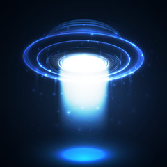 Vector UFO. Light in dark. Blue glowing. Space. Abstract alien background.