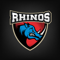Naklejka premium head of Angry rhino. Sport team or club emblem template.