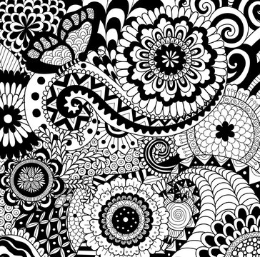Hand drawn zentangle floral background for coloring page