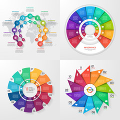 Set of four vector infographic templates. Business, education, industry, science concept with 11 values, options, parts, steps, processes.