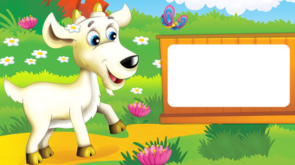 Obraz na płótnie Canvas Cartoon scene of a goat on the farm having fun - illustration for children