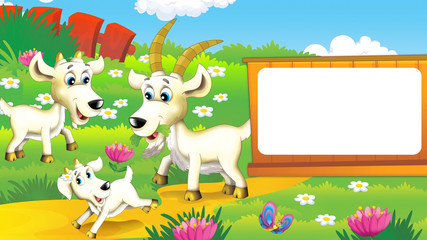Obraz na płótnie Canvas Cartoon scene of a goat on the farm having fun - illustration for children
