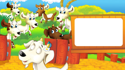 Obraz na płótnie Canvas Cartoon scene with funny young goat - illustration for children