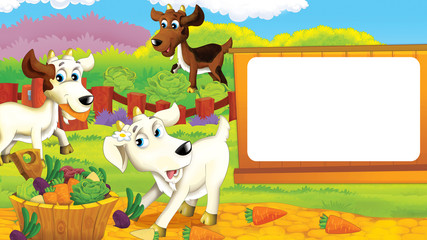 Obraz na płótnie Canvas Cartoon scene with funny young goat having dinner or breakfast - illustration for children