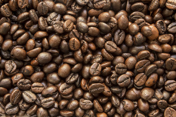 pieces of white sugar in coffee roasted beans Brown background