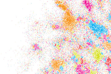 Colorful explosion of confetti. Isolated on black background. Coloured glitter and sprinkles. Grainy abstract holiday illustration. Multi colored texture.