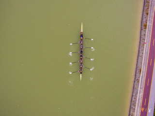 Eight rowing team boat aerial view