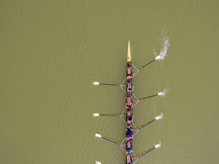 Eight rowing team boat aerial view