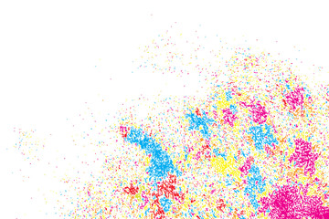 Colorful explosion of confetti. Isolated on black background. Coloured glitter and sprinkles. Grainy abstract holiday illustration. Multi colored texture.