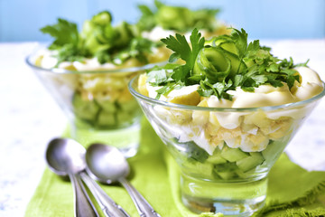 Portion of vegetable salad with potato,egg and cucumber.