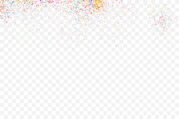 Transparent background with many falling tiny round random confetti, glitter and serpentine pieces blow and sprayed on transparent background. Isolated.