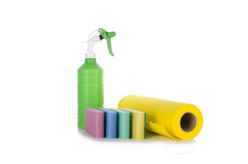 Cleaning cloth sponges and sprayer isolated on white