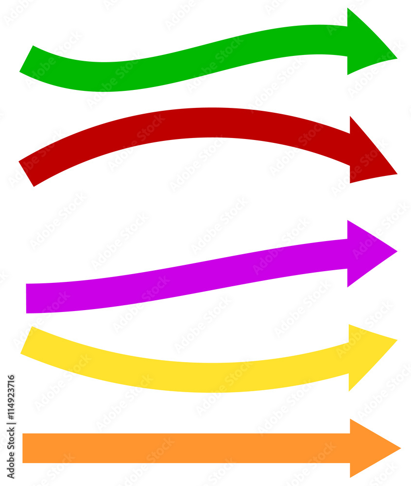 Poster set of 5 colorful arrow shapes. long, horizontal arrows