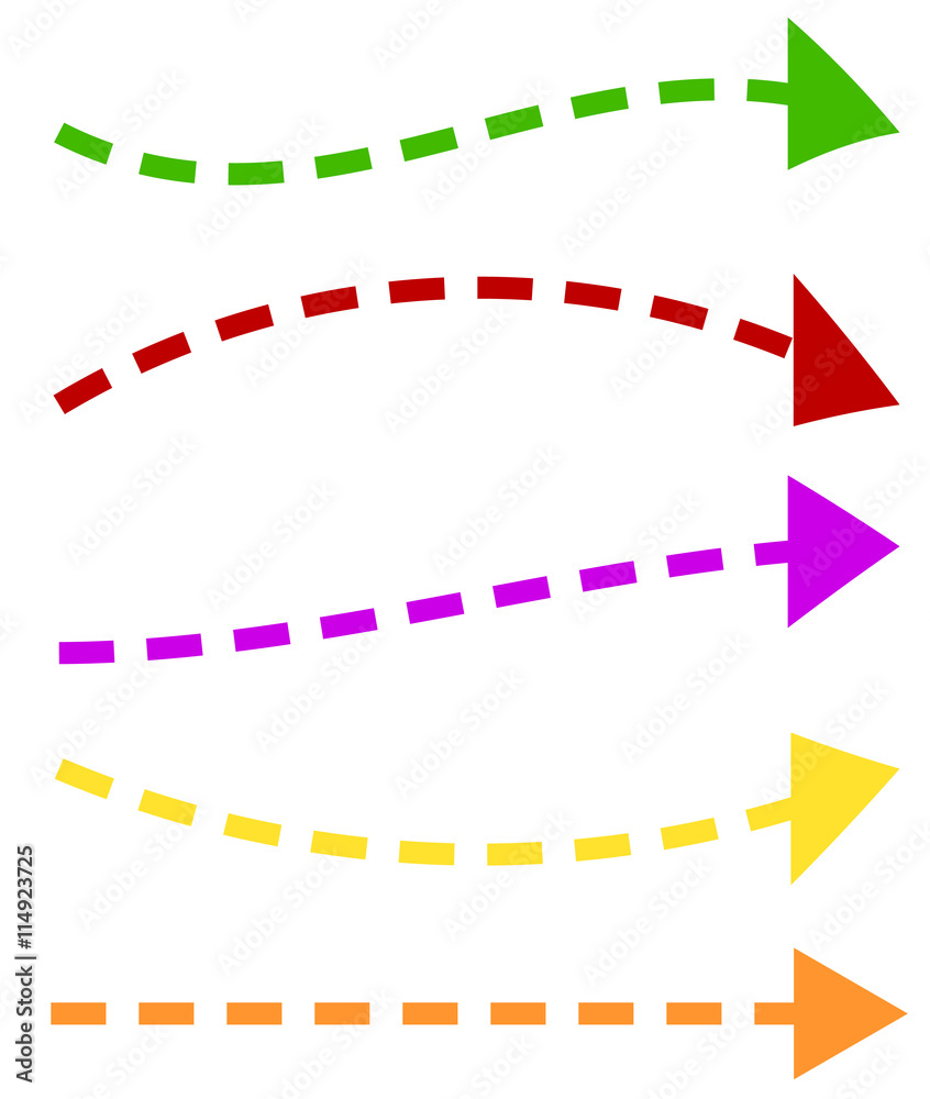 Poster set of 5 colorful arrow shapes. long, horizontal arrows