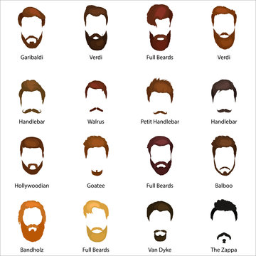 Mans hair set of beards and mustaches vector. Hipster style fashion beards and hair isolated illustration. Peoples hairstyle icon, collection of beards and mustaches for barbershop.