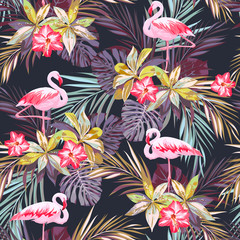 Obraz premium Tropikalny letni wzór z ptaków flamingów i egzotycznych roślin