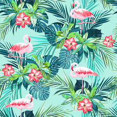 Tropical summer seamless pattern with flamingo birds and jungle flowers