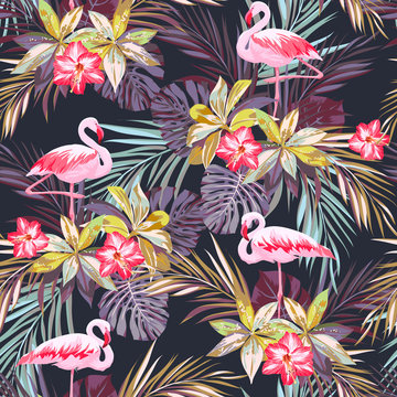 Fototapeta Fototapeta Wzór tropikalny z flamingami i egzotycznymi roślinami rysunkowa ścienna