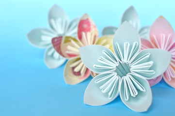 Origami flower on blue background