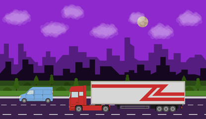 Truck on the road. City night time landscape. Heavy trailer truck. Logistic and delivery concept. Vector illustration.
