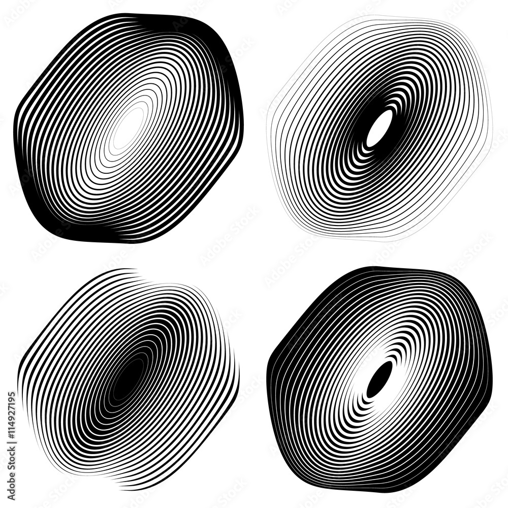 Aufkleber radial, concentric shape set. abstract monochrome graphics.