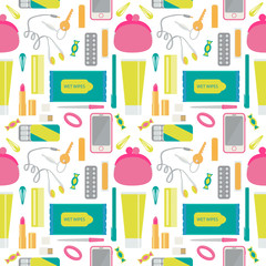 What you will find in woman bag. Set with headphones, candy, purse, hair scrunchies, comb, cell phone, flash card, adhesive tape, gum, nail file, pen, lipstick, passport, hand cream. Seamless pattern.