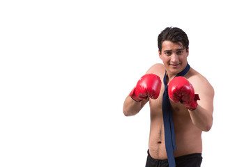 Ripped businessman with boxing gloves isolated on white