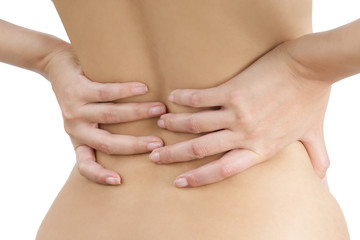 Woman holding her back on pain area, isolate on white background.