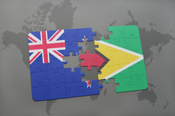 puzzle with the national flag of new zealand and canada on a world map background. 3D illustration