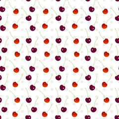 Cherry seamless pattern 3. Sweet cherry and cherry on a white polka dot background in seamless pattern