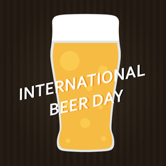 Flat design international beer day card with glass of beer on dark background.