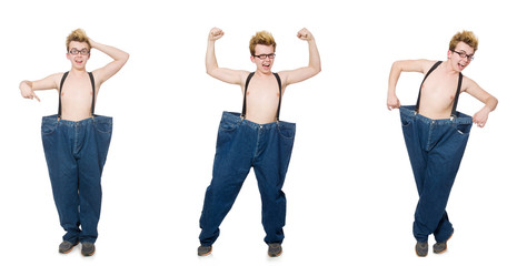 Fototapeta premium Funny man with trousers isolated on white