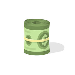 Money roll 3d vector icon, bankroll dollar bill rolled flat illustration isolated on white background