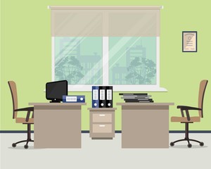 Workplace for two office workers. Vector flat illustration. On the picture the tables, a chairs, the  computer,  folders and other objects in beige colors are situated on a window background