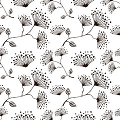 Seamless vector floral pattern. Hand drawn black and white background with flovers and leaves. Inc drawing. Series of hand drawn seamless patterns.