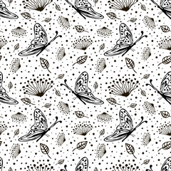 Seamless vector floral pattern with insect. Cute hand drawn black and white background with flowers, butterfly and dots. Inc painting. Series of Hand Drawn Seamless Patterns.