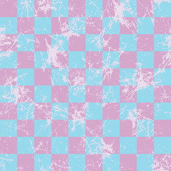Seamless vector pattern. Creative geometric checkered blue and pink background with squares. Texture with attrition, cracks and ambrosia. Old style vintage design. Graphic illustration.
