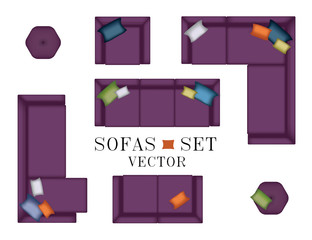 Sofas Armchair Set. Top view. Furniture, Pouf, Pillows for Your Interior Design. Flat Vector Illustration. Scene Creator. Purple Color 3