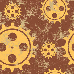 Vector seamless patterns with mechanism of watch. Creative geometric brown grunge backgrounds with gear wheel. Texture with cracks, ambrosia, scratches, attrition. Graphic illustration.
