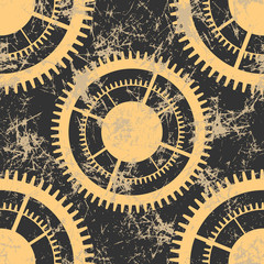 Vector seamless patterns with mechanism of watch. Creative geometric brown grunge backgrounds with gear wheel. Texture with cracks, ambrosia, scratches, attrition. Graphic illustration.