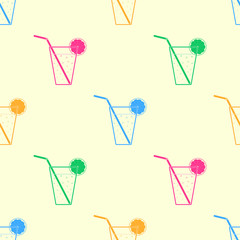 Colored glasses of lemonade with straws and lemon slices. Seamle