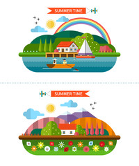 Set of summer landscape backgrounds in flat style