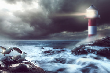 Obraz premium mewy na wybrzeżu z latarnią morską