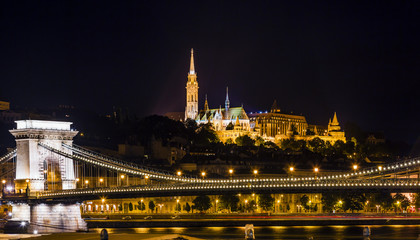 Fototapeta na wymiar Chain Bridge Matthias Church Night Budapest Hungary
