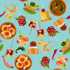 Traditional spanish food. Selection of tapas. Seamless background pattern. 