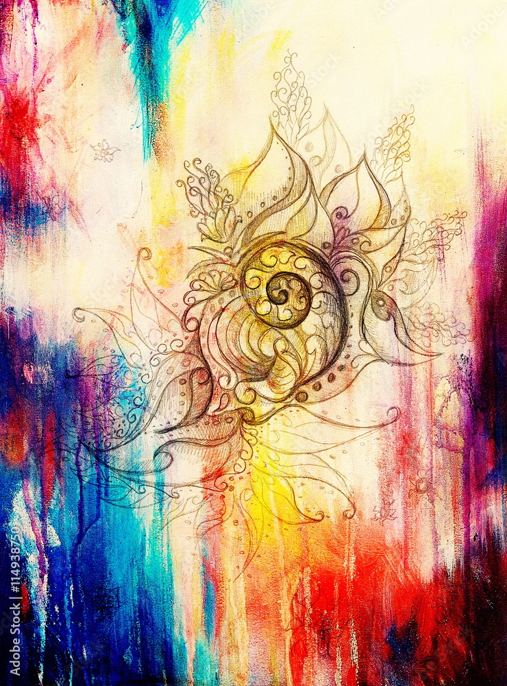 Poster Ornamental Drawing. Original hand draw and computer collage. Color structure.