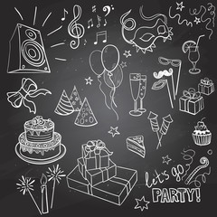 set of sketch party objects hand-drawn