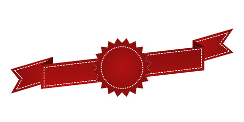 Embroidered red ribbon isolated on white. Can be used for banner, award, sale, icon, logo, label etc. Vector illustration