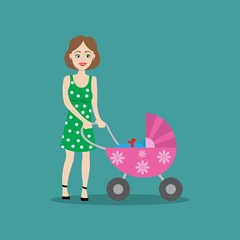 mother with baby in the stroller for a walk.vector illustration of cartoon